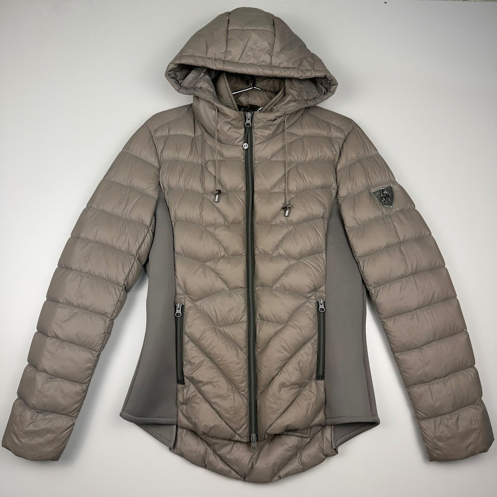 Goode Rider Women Taupe Gray Quilted Puffer Jacket Detachable Hood Equestrian L